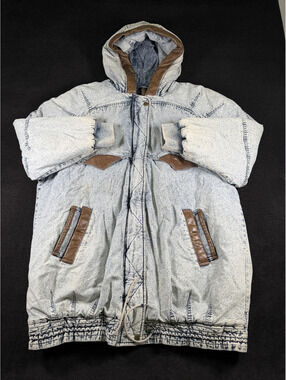 Vintage Rock Creek Acid Wash Denim Parka Jacket with Brown Trim, Size 22/24